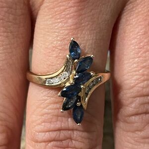 14k Yellow Gold Marquise Sapphires And Diamonds Cluster Cocktail Ring